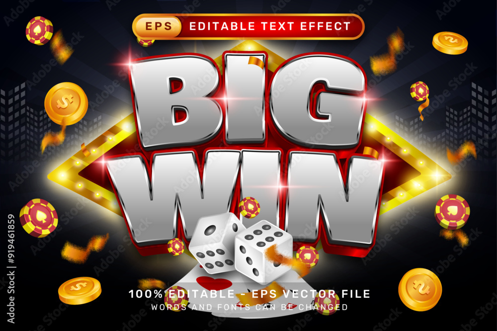 Poster big win 3d text effect and editable text effect with a black background and gambling illustrations