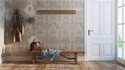modern entrace hall, hallway with bench for relaxation, coat hangers