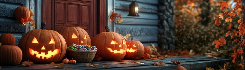 Obraz premium Festive Halloween pumpkins with carved faces on a porch, surrounded by autumn leaves and decor, exuding a spooky and cozy atmosphere.
