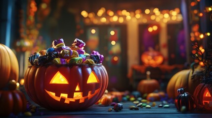 Festive Halloween scene with a jack-o'-lantern full of candy surrounded by decorations and twinkling lights.