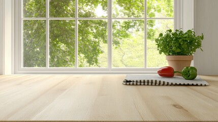 Fototapeta premium An empty wooden table features a red bell pepper beside a green plant on a striped napkin against a blurred kitchen backdrop