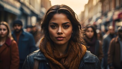 Fototapeta premium A beautiful young girl standing in a street, blurred background view of a street filled with people, world culture day, diversification