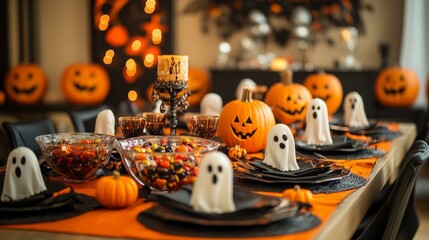 Festive Halloween table setting with pumpkins, candy, and ghost decorations for a spooky celebration.