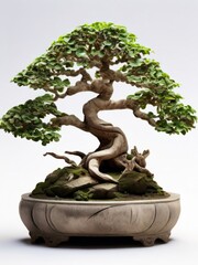 Miniature bonsai tree with a curved trunk and dense foliage in a stone pot. AI generated.