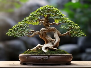 Miniature bonsai tree with a curved trunk and dense foliage in a stone pot. AI generated.