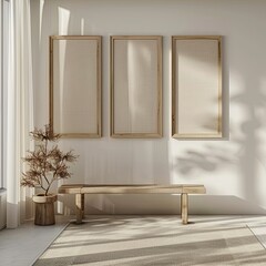 Boho Living Room Vertical Wooden Frames , Interior Mockup, Poster Mockup, white walls, natural beige tones
