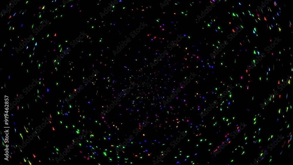 Wall mural rainbow confetti spew on black 4k loop features multicolored particles pouring upward out of the cen