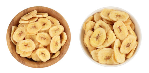 Dried banana chips in wooden and ceramic bowl isolated on white background with full depth of field. Top view. Flat lay