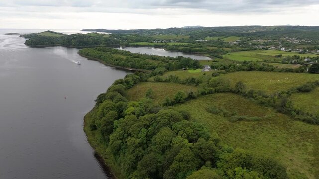 Aerial view of the townland of Revlin and the waterbus by Donegal town, Ireland