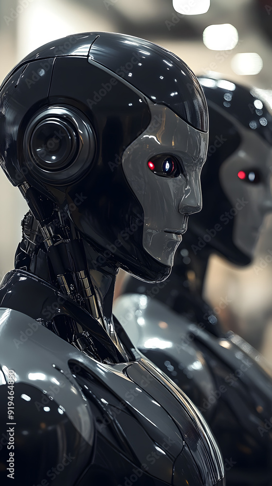 Poster close-up of two futuristic android robots with sleek black design and glowing red eyes, symbolizing 