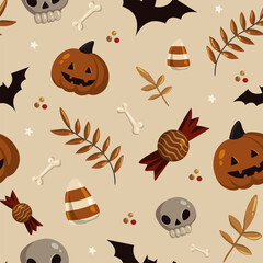 Halloween seamless pattern, hand drawn cute kids background, wrapping paper pattern	
