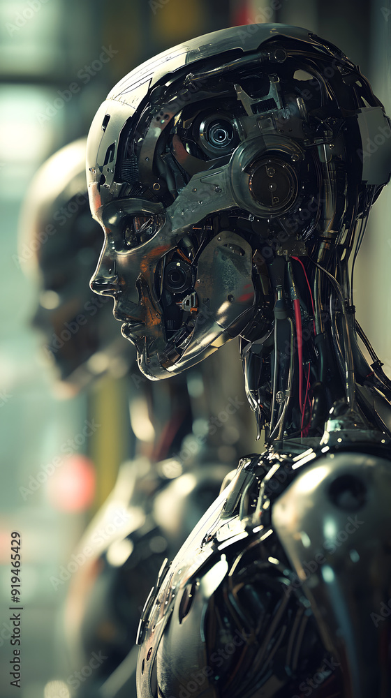 Poster futuristic humanoid robots in a row, showcasing advanced artificial intelligence and intricate mecha