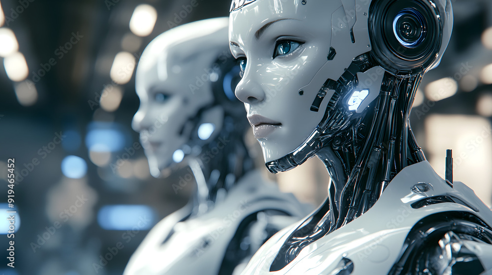 Poster futuristic humanoid robots with advanced artificial intelligence in a high-tech environment, represe