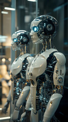 Fototapeta premium Futuristic humanoid robots lined up in a modern, high-tech environment, showcasing advanced AI and robotics technology.