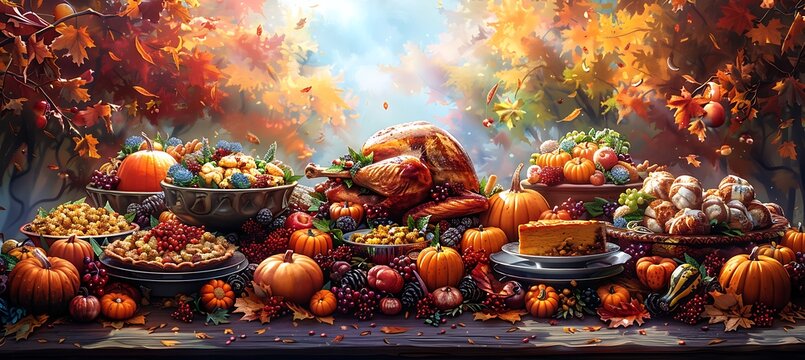 Thanksgiving feast with a cornucopia centerpiece featuring dishes like turkey stuffing and pumpkin pie surrounded by family and friends