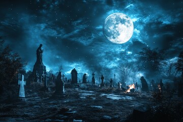 Haunted cemetery under a full moon with eerie atmosphere, dark tombstones, and ghostly figures in misty night sky.