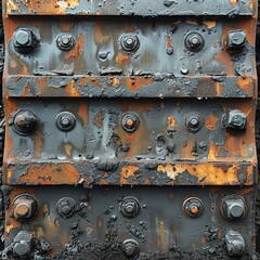 Close-up of a weathered and rusty metal surface with bolts and nuts, showing industrial wear and textural details of aging and corrosion.