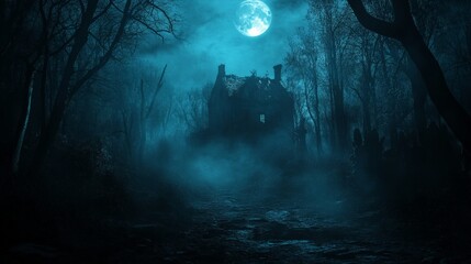 Haunting image of an old, eerie house in a dark, misty forest under the full moon, perfect for horror and thriller themes.