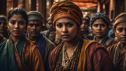 Obraz premium A diverse group of people, wearing traditional dresses standing in a street, blurred background view, world culture day, diversification