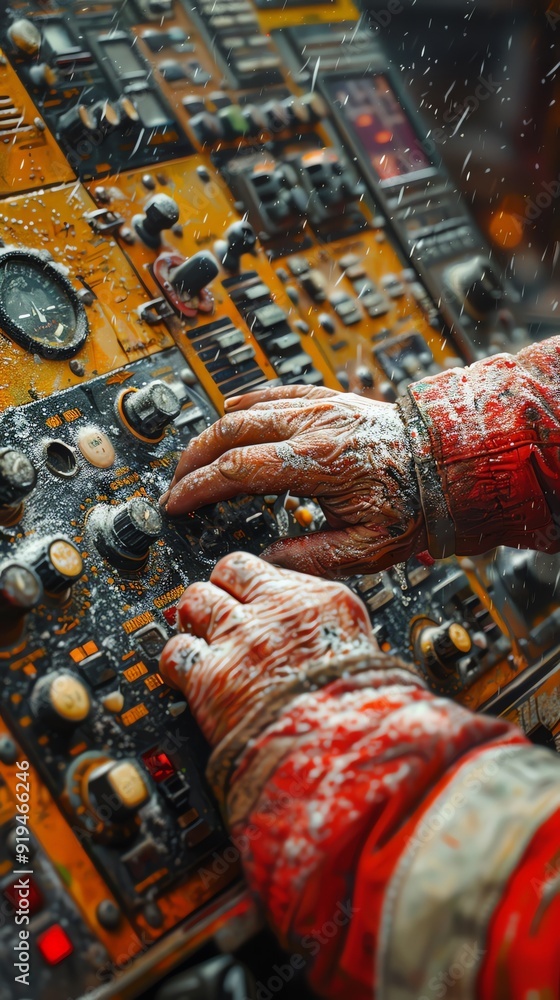 Poster close-up of a worker's hands operating industrial control panel in a factory setting, showcasing man