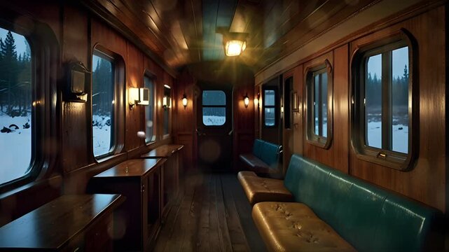 View inside an old train carriage with comfortable and relaxing seats. Seamless 4K looping timelapse video animation