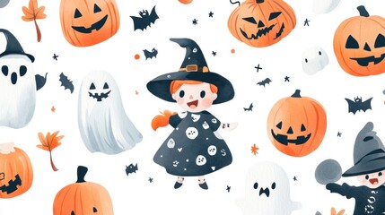 A playful Halloween-themed illustration featuring pumpkins, ghosts, bats, a witch character, and autumn leaves against a white background; festive and child-friendly in style.