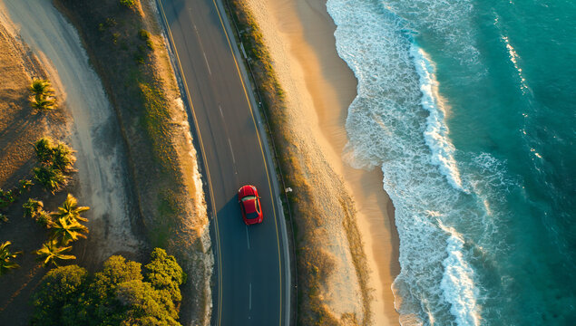 Red car driving along coastal road.