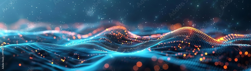 Poster abstract digital wave with neon lights in a futuristic, tech-inspired design, representing data flow