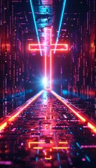 Fototapeta premium Futuristic neon cross glowing brightly in a digital corridor with vibrant colors and reflections, symbolizing technology and spirituality.