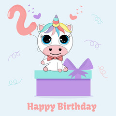 Children cute greeting card with unicorn. Kids birthday poster with magic animal.