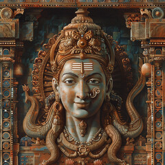 Obraz premium Mahadev Shiva Indian God sculpture in the temple. Hindu Lord Shiva portrait, happy Maha Shivratri