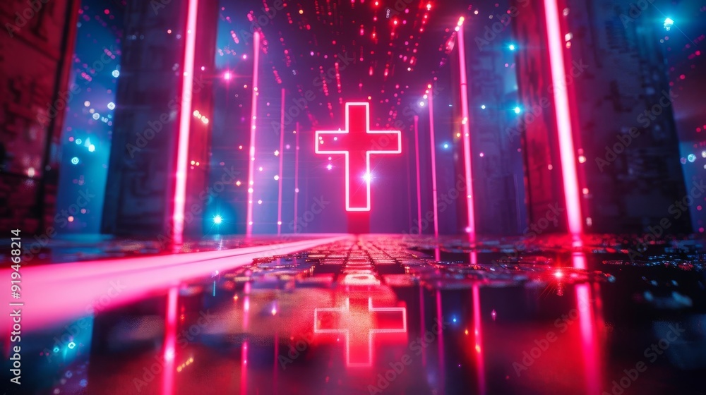 Poster futuristic neon cross with glowing lights and digital cyberpunk elements in a virtual space. modern 