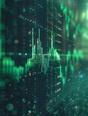 Obraz premium Abstract digital stock market background with green financial data, bar and line graph. Futuristic technology and business concept.