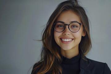 Fototapeta premium Smiling young businesswoman wearing eyeglasses looks directly forward against a soft gray backdrop for marketing.