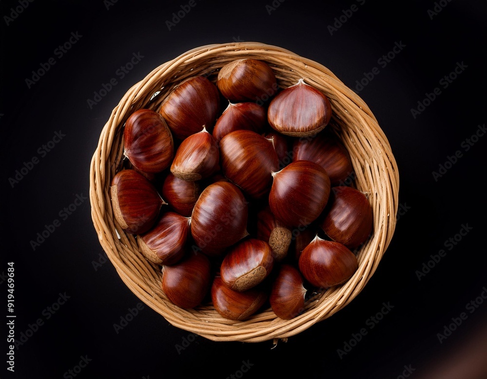 Wall mural sweet chestnuts top view. copyspace. pile of ripe chestnuts for food background..