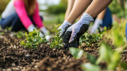 Close-up of hands wearing gloves planting seedlings in a garden. The background is blurred, focusing on the plants and hands. Concept of gardening and nature