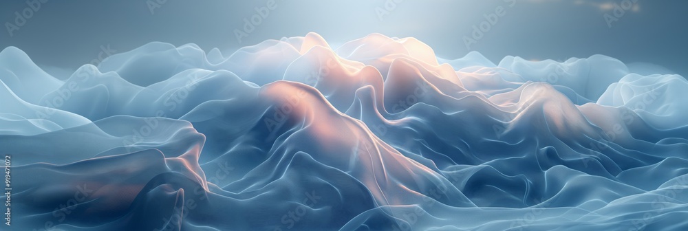 Poster ethereal abstract background with flowing blue waves and soft orange light, creating a serene and dr