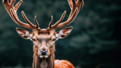 Wildlife animal landscape background - Close up of wild deer stag with antlers in forest, head portrait