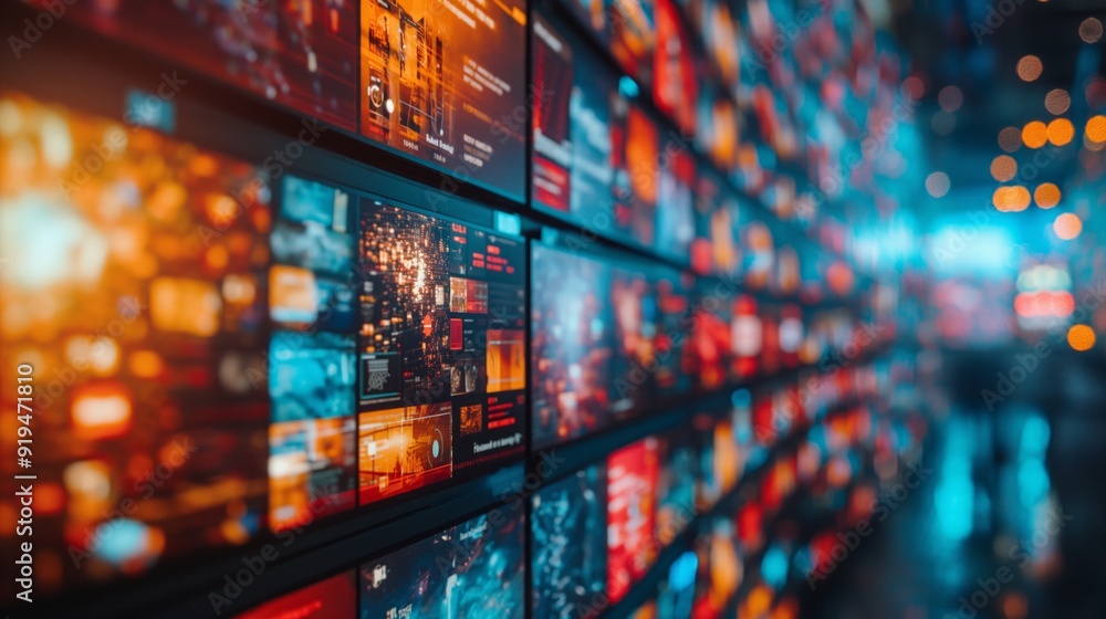 Aufkleber a wall of digital screens displaying colorful data and information in a tech-savvy, futuristic envir