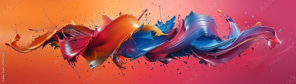 Poster vibrant and colorful abstract art with dynamic paint swirls in red, blue, and orange hues creating a