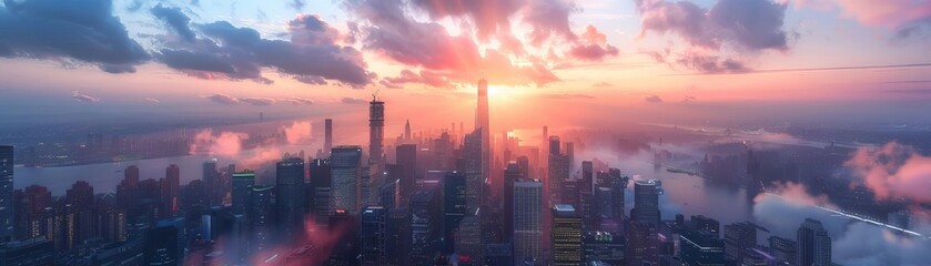 Fototapeta premium Beautiful cityscape of a bustling metropolis at sunrise, featuring a stunning skyline with skyscrapers, clouds, and vibrant colors.