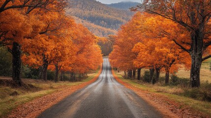 Fototapeta premium A tranquil country road lined with autumn trees, their leaves glowing in the sparkling golden light.