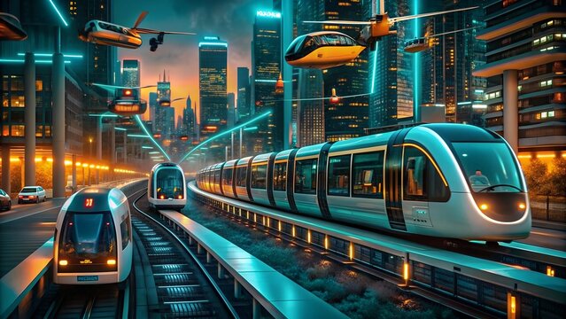  A futuristic public transportation system with autonomous buses, hyperloop trains, and drone taxis 