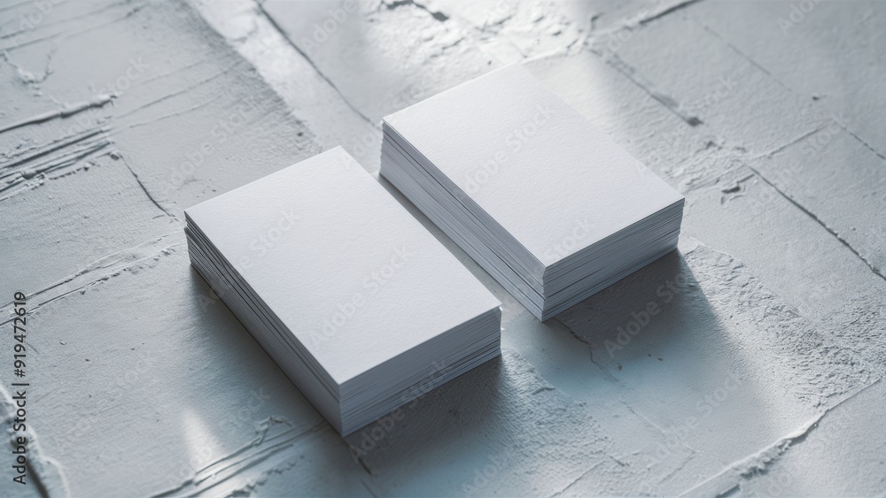 Poster Two white business cards sitting on a gray surface, AI