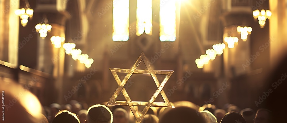 Poster panoramic view of a jewish community event with a large star of david displayed prominently captured