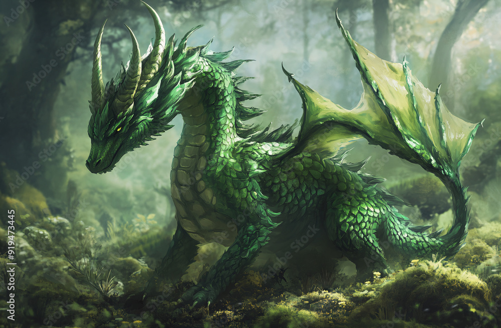 Wall mural green dragon in forest.