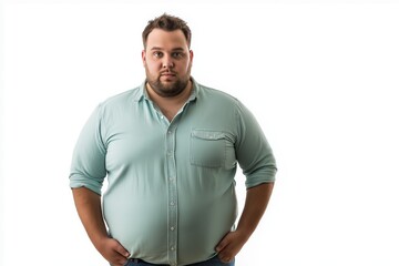 Fototapeta premium A man with a beard and a green shirt is standing in front of a white background. He is looking at the camera with a serious expression