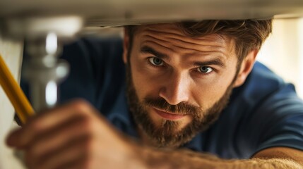 A focused man inspects pipes under a sink, showcasing a serious dedication to home repair and maintenance tasks.