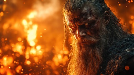 Obraz premium Powerful warrior wielding axe amidst fiery chaos