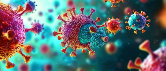 Fototapeta premium Close-up view of colorful virus particles floating in a scientific background, showcasing intricate details and vibrant colors.
